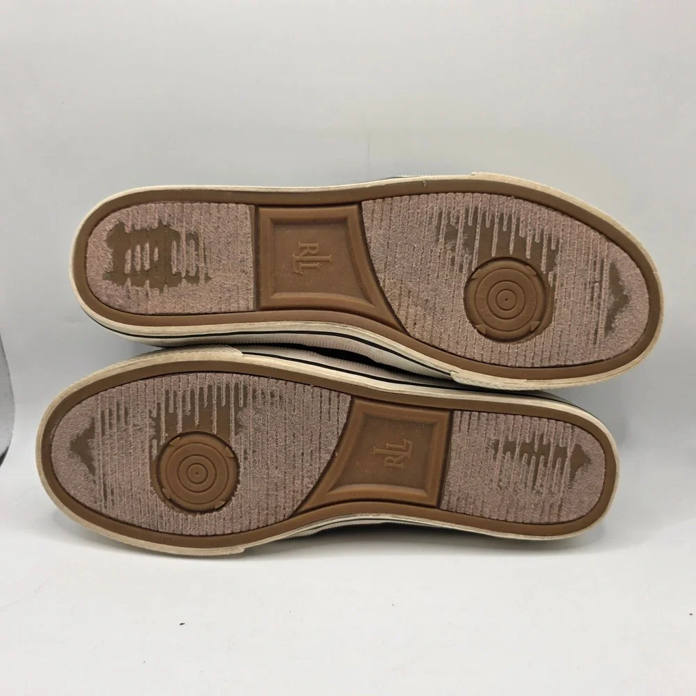 Lauren Ralph Lauren Jinny Black Woven Slip On Sneakers Womens 9B Gold Logo Flat